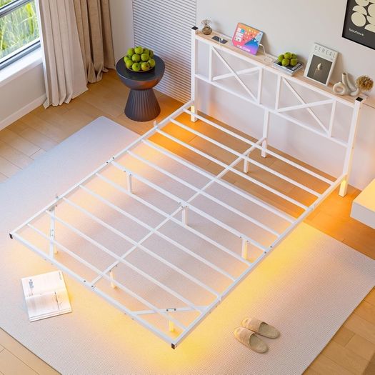 King Size Floating Bed Frame with LED Lights and Charging Station, Metal Platform Bed Frame King Size with Wooden Storage Headboard White and OAK