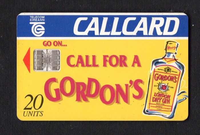 1994 Ireland 20 unit Gordon's Gin with the slogan "Go On... Call for a Gordon's" (Schlumberger SC7) Call Card Used. Telecom Eireann card number 1075