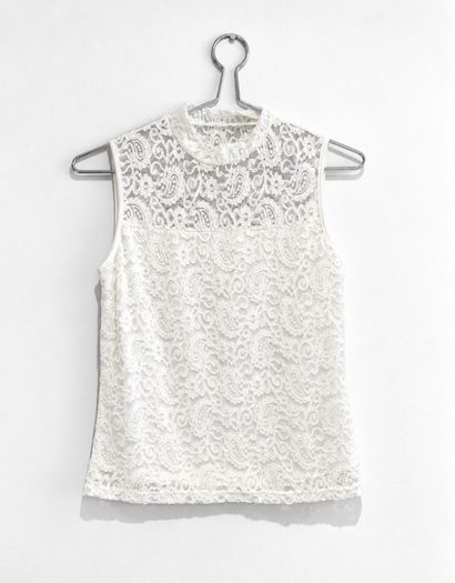 Pre Owned White Floral Lace High-Neck Shell Top