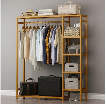 BRAND NEW Bamboo Wood Clothing Garment Rack with Shelves Clothes Hanging Rack