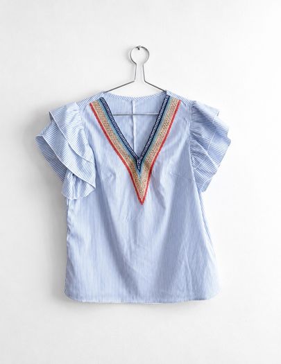 Pre Owned Blue & White Striped Embroidered V-Neck Top with Ruffle Sleeves
