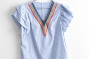Pre Owned Blue &amp; White Striped Embroidered V-Neck Top with Ruffle Sleeves
