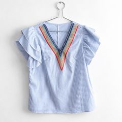 Pre Owned Blue & White Striped Embroidered V-Neck Top with Ruffle Sleeves
