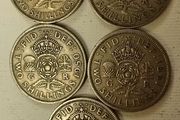 Five English 2 Shilling Coins 1948 to 1951