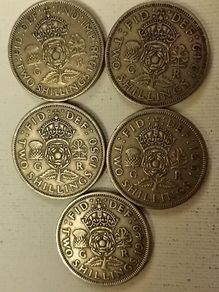 Five English 2 Shilling Coins 1948 to 1951