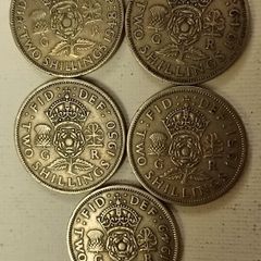 Five English 2 Shilling Coins 1948 to 1951