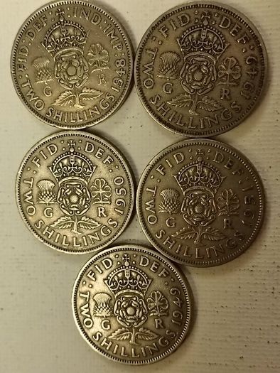 Five English 2 Shilling Coins 1948 to 1951
