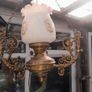 Beautiful Old Large Antique Hanging Brass and Milk Glass Oil Lamp, Converted to Electric Image 9