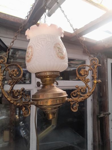 Beautiful Old Large Antique Hanging Brass and Milk Glass Oil Lamp, Converted to Electric