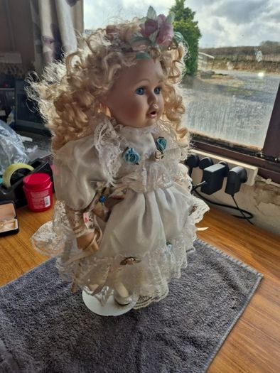 Vintage Irish Porcelain Doll with Flower Wreath and Pinwheel Vintage