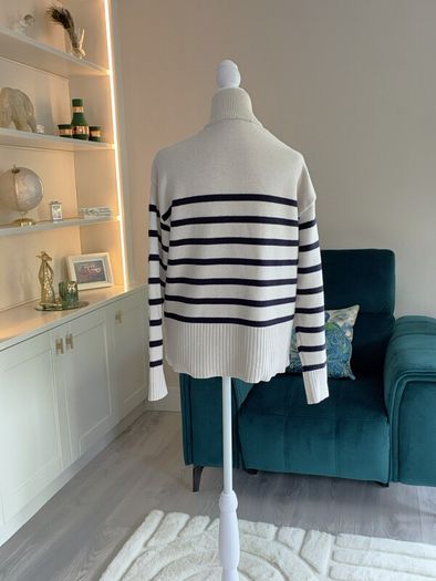 Zara Ladies Beige and Navy Striped Cardigan