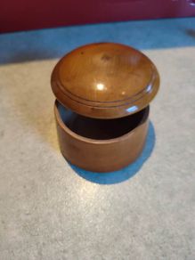 Antique Treen Pot Small Antique Treen Pot.Screw-on mushroom shaped lid.Polished light colored wood, possibly yew or sycamore.