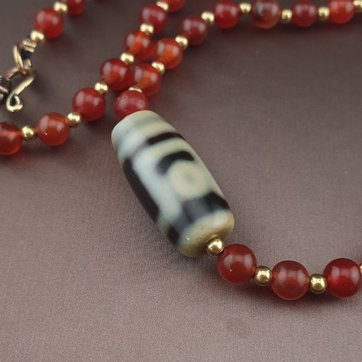 Vintage Carnelian Agate From Mali With Himalayan 1 Eyes Tibetan Agate Dzi Pendant Necklace