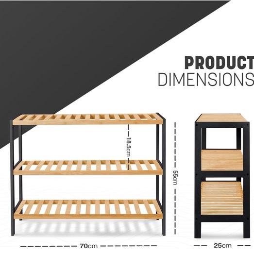 3 Tier Natural Bamboo Shoe Rack, Easy Assembly & Strong Design  Ideal for Corridor,Bedroom,Bathroom,Hallway & Small Spaces Large Capacity Up to 9 Pairs of Shoes(55x70x25cm)