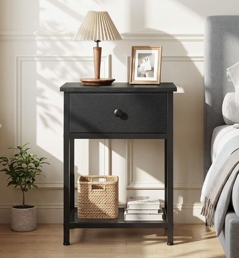 Bedside Tables Set of 2, Side Tables with Fabric Drawers  Coffee Table with Storage Shelf, Sofa Table, Nightstand with Metal Frame for Bedroom, Living Room, Black