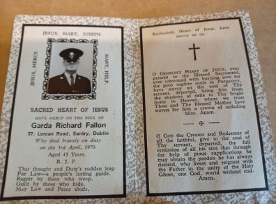 HISTORICAL RARITY: 1970 Garda Richard Fallon (Original Funeral Card.  First Garda Killed in The Troubles. Original)