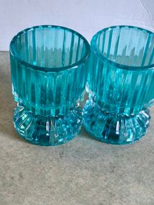 Double Sided Blue Ribbed Candlestick/Tealight Holders- Set of 2.