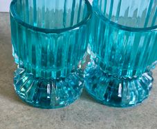 Double Sided Blue Ribbed Candlestick/Tealight Holders- Set of 2.