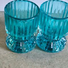 Double Sided Blue Ribbed Candlestick/Tealight Holders- Set of 2.