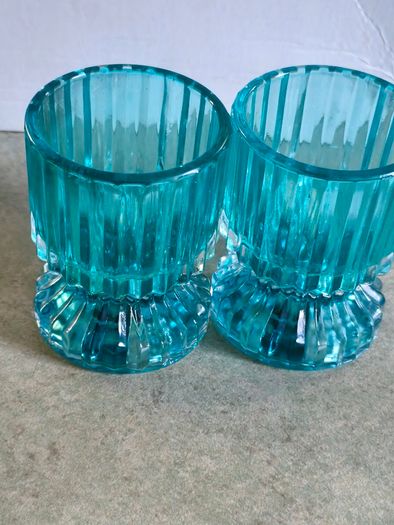 Double Sided Blue Ribbed Candlestick/Tealight Holders- Set of 2.