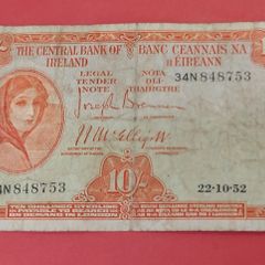 Irish 1952 Lavery ten shilling banknote in Fine  condition