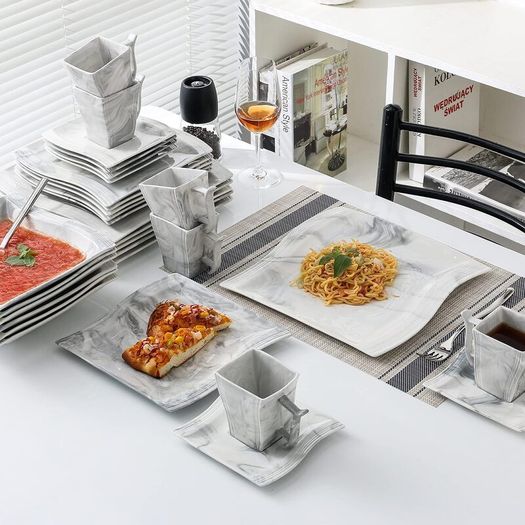 Stylish Modern Porcelain China Square 55 Piece Dinner Set, Marble Grey, Dinnerware, Dinner Party Set. Plates, Cups Mugs Bowls Egg Cups