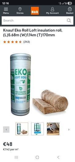 Knauf Eko Roll Loft insulation roll, (L)5.68m (W)1.14m (T)170mm