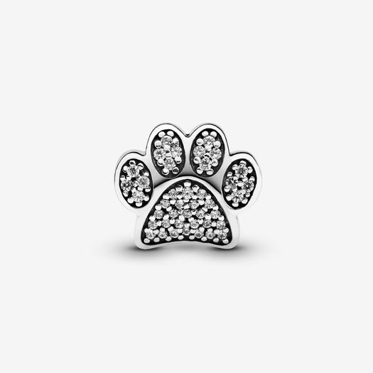Pandora Moments Barrel Clasp Snake Chain Bracelet with silver Sparkling Paw Print Charm