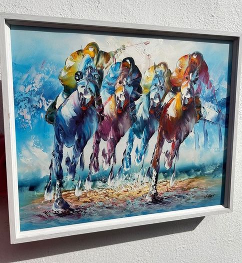 Large Horse Racing Painting - 4 Galloping Horses Colourful - Framed 80x60cm