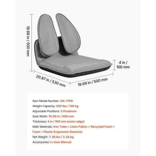 Floor Chair, 5 Adjustable Positions Folding Floor Gaming Chair with Ergonomic Back Support, Sturdy Metal Frame with Recycled Foam and Linen Fabric, Multifunctional for Reading, Relaxing, Gray