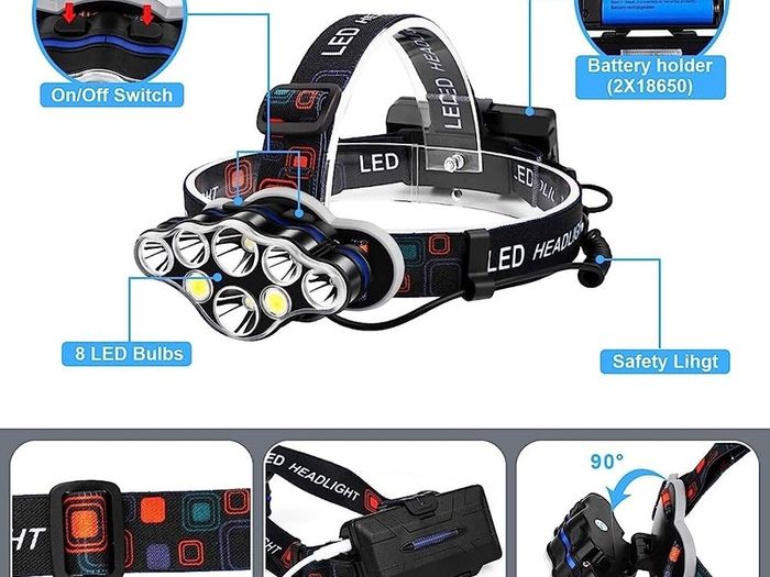 Head Torch, 8 LED Super Bright USB Rechargeable Headlamp Waterproof 8 Modes Headlight with Red Lights Comfortable Adjustble Headtorch for Camping Fishing, Car Repair, Running, Outdoor