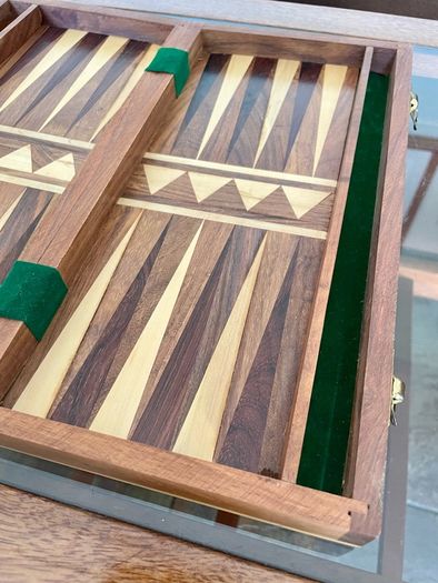 Vintage Marquetry Inlaid Folding Wooden Chess Board Chess Pieces Dice and Counters
