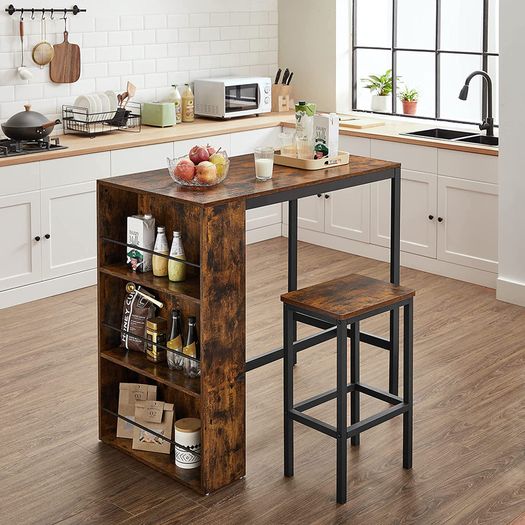 Bar Table with Shelf, Bar Table, Kitchen Table, 3 Open Compartments, Dining Table, Kitchen Counter for Kitchen, Dining Room, 110 x 60 x 100 cm, Industrial Design, Vintage Brown/Black