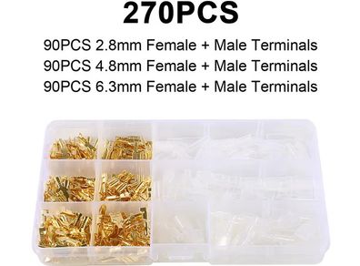 Box Insulated Male Female Wire Connector 2.8/4.8/6.3mm Electrical Crimp Terminals Termin Spade Connectors Assorted Kit 270PCS