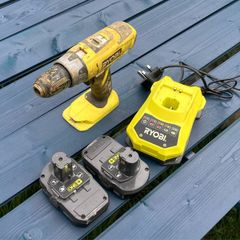 Ryobi drill, batteries and charger.