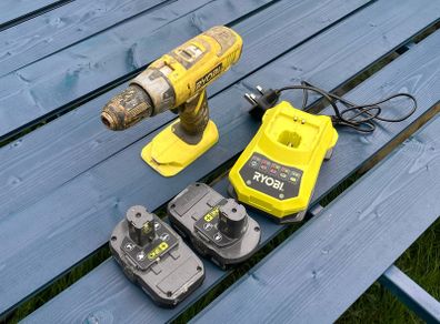 Ryobi drill, batteries and charger.