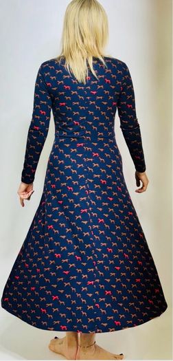 Hobbs london midi alone fit and flare dress with dog print navy autumnal chic