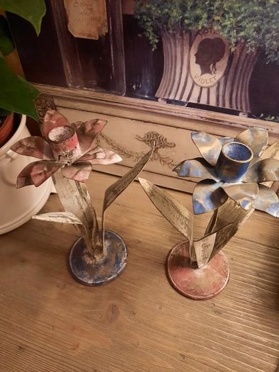 2 Handpainted Shabby Chic Metal Candleholders, AV