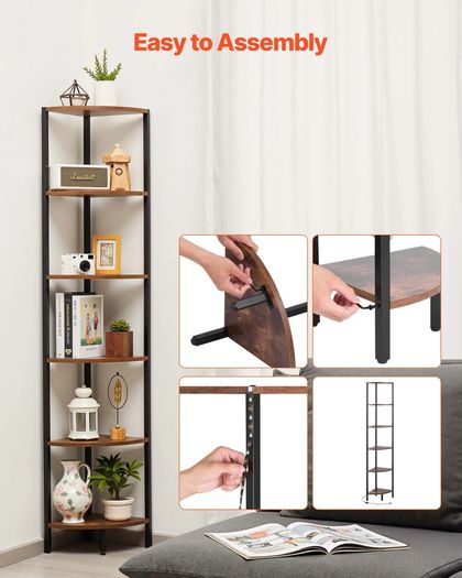 6 Tier Corner Shelf with LED Light Metal Frame Wooden Shelves Storage Organizer Rack