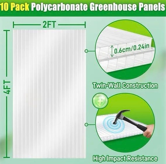 10 Pack 6mmx61x121cm Polycarbonate Sheets, 4' x 2' x 0.24" Twin-Wall Plastic Roofing Sheets, All Weather Clear Roofing Sheets Greenhouse Plastic Panels Outdoor
