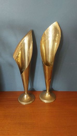 A Fabulous Pair of Rare Antique/Vintage Brass Arts & Crafts Style "Calla Lily" or "Trumpet" Vases with Hand-Beaten Repousse Finish  - Priced as a Pair, But Can be Sold Separately