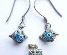 Vintage Sterling Silver 925 Blue Evil Eye Earrings and Pendant 2,1g