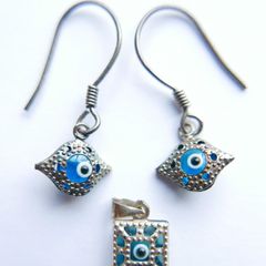 Vintage Sterling Silver 925 Blue Evil Eye Earrings and Pendant 2,1g