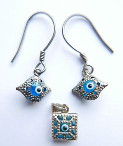 Vintage Sterling Silver 925 Blue Evil Eye Earrings and Pendant 2,1g