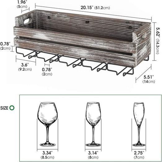 Wall Mounted Rustic Wood Wine Storage Rack with Metal Glass Holder, Holds 6 bottles, 5 Glasses, Decorative for Home Bar, Dining Room, Kitchen - MK566A