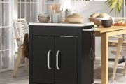 Black Metal Kitchen Island with Stainless Top and Hooks