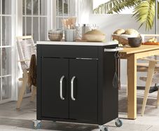 Black Metal Kitchen Island with Stainless Top and Hooks