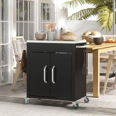 Black Metal Kitchen Island with Stainless Top and Hooks