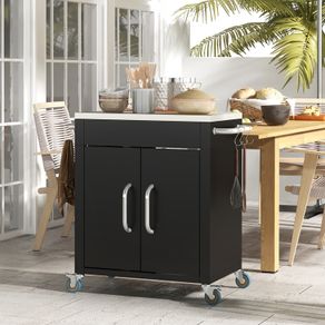 Black Metal Kitchen Island with Stainless Top and Hooks