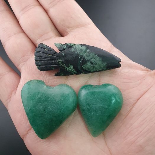 Lot Of 3 Vintage Jade one Fish shape two Green heart Shape Pendants